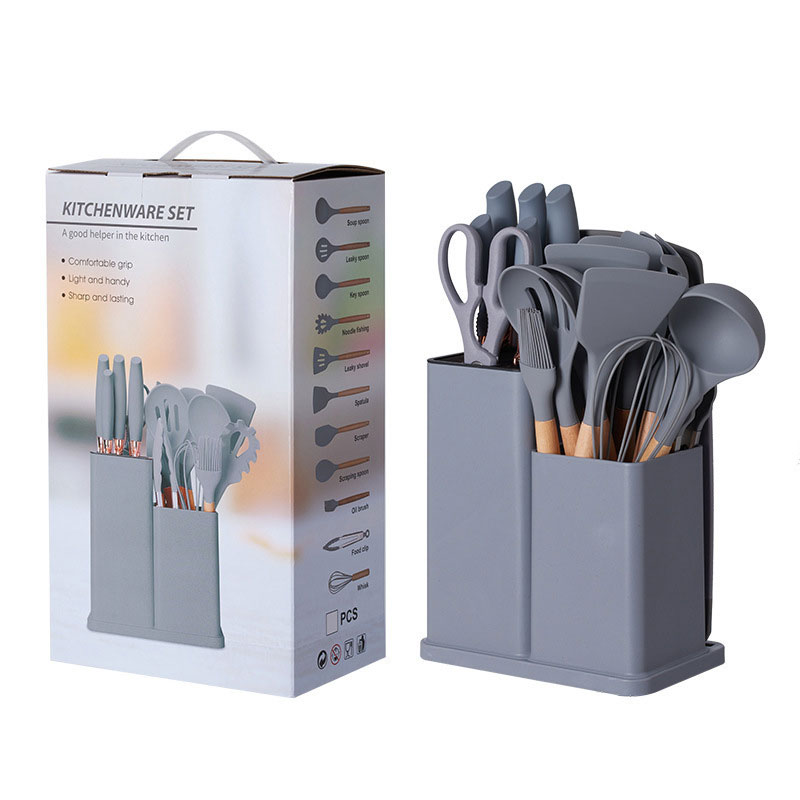 Set di utensili da cucina in silicone da 19 pezzi con secchio portaoggetti e coltelli
