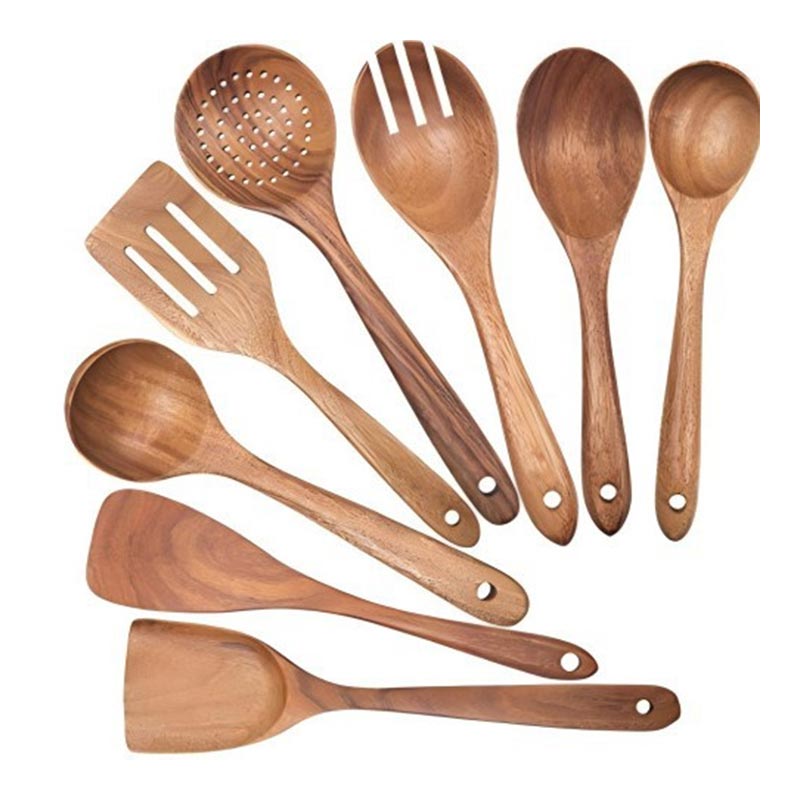 Set di utensili da cucina con cucchiaio da zuppa, schiumarola in legno di acacia